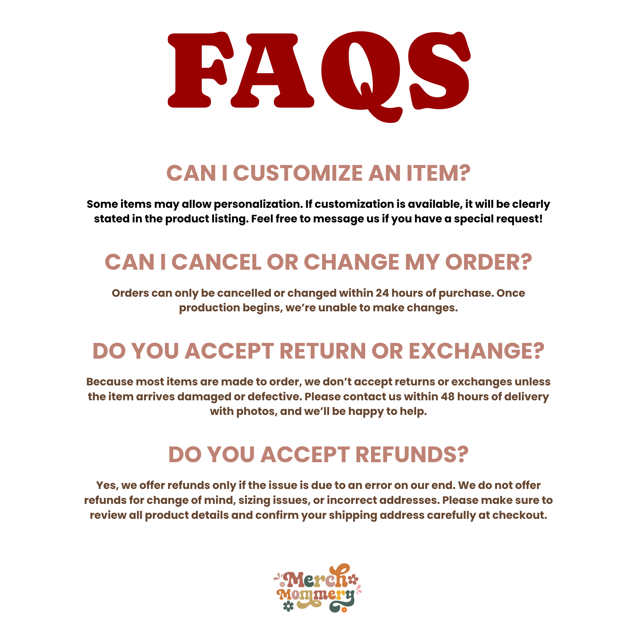 An FAQ information sheet with a large red 'FAQS' header and five question-and-answer sections in black and muted red text on a white background.
