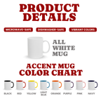 Product details graphic for a customizable all-white mug, showing a white mug in the center with text reading 'ALL WHITE MUG' and 'ACCENT MUG COLOR CHART' below, plus a row of color options at the bottom labeled Black, Red, Yellow, Light Blue, Orange, Purple, Pink, and Navy.