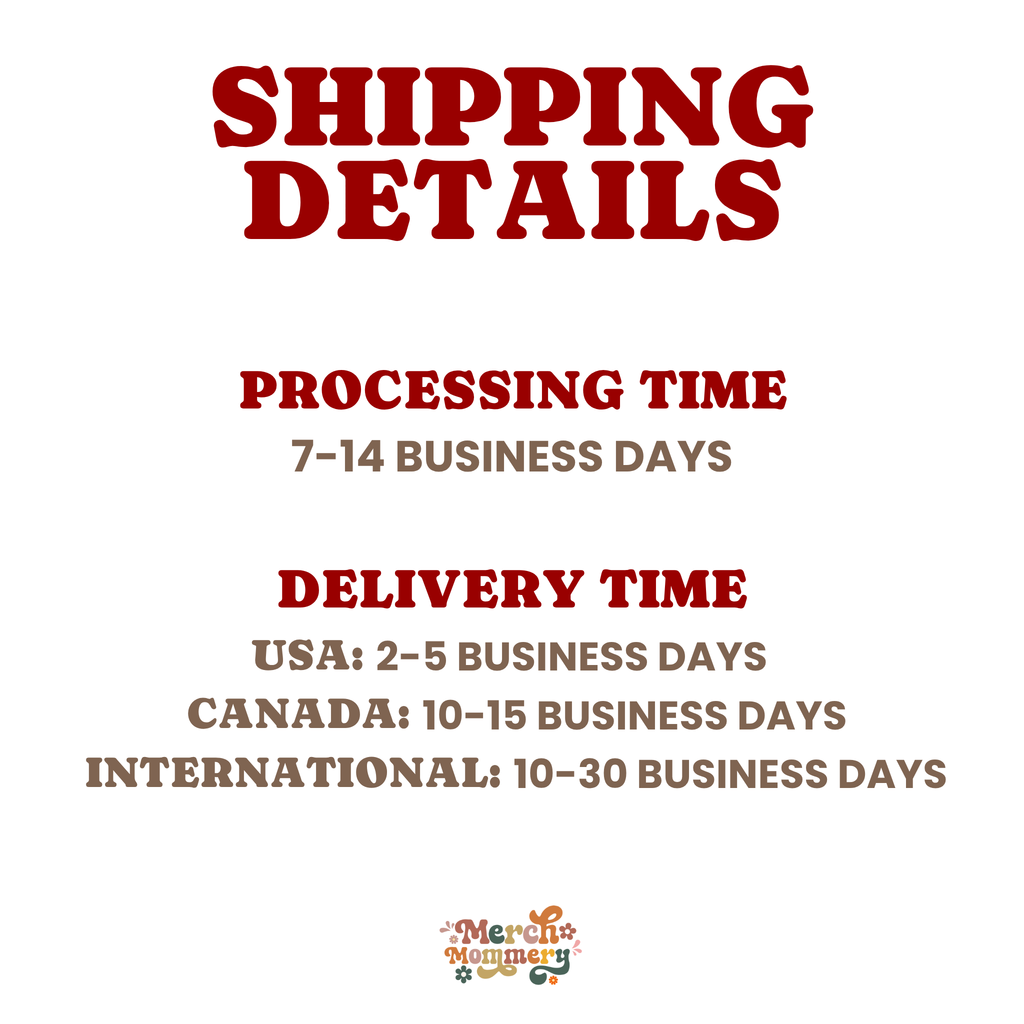 A text-based shipping details graphic that  states processing time to be 7-14 business days and different delivery times for USA: 2-5 business days, Canada: 10-15 business days, and International: 10-30 business days.