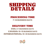 A text-based shipping details graphic that  states processing time to be 7-14 business days and different delivery times for USA: 2-5 business days, Canada: 10-15 business days, and International: 10-30 business days.