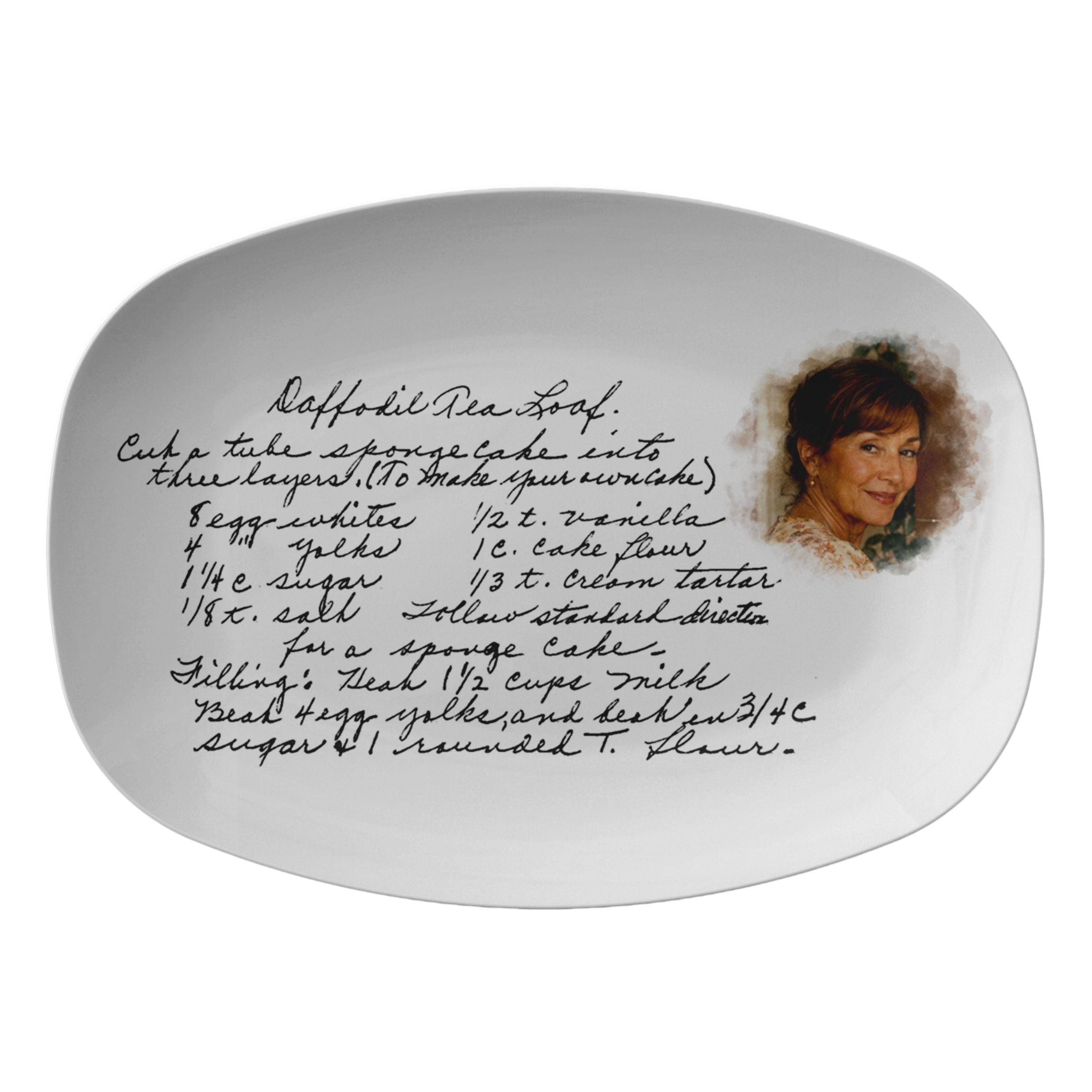 A white ceramic serving platter featuring a recipe for 'Naffdode Rana Frot' written in black ink, alongside a vintage-style portrait of a woman on the right side.