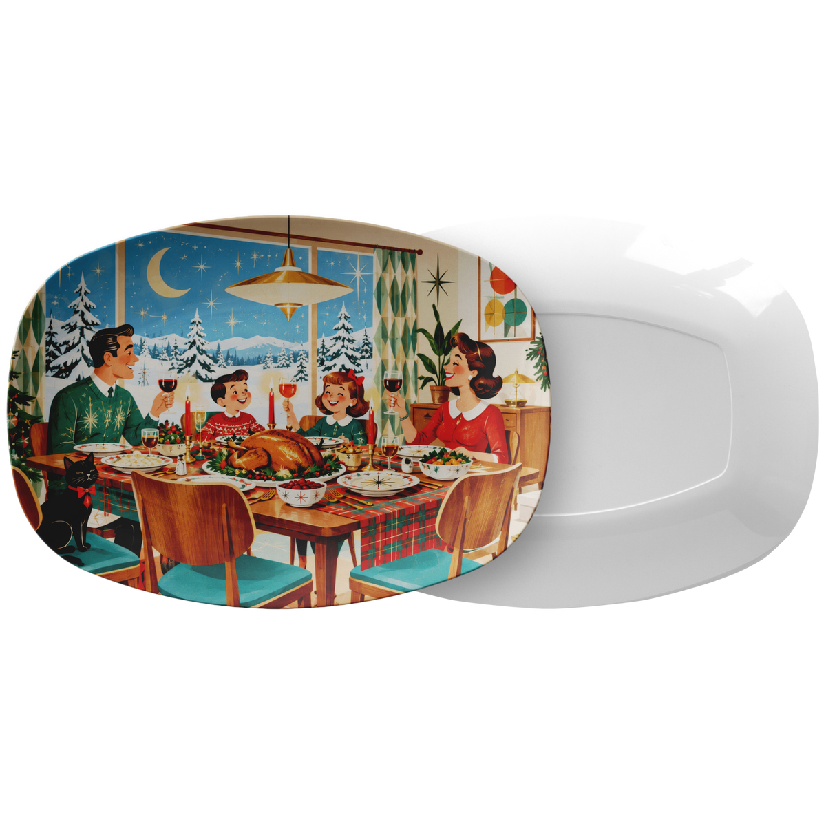 Mid Century Modern Christmas Serving Platter | Retro MCM Family Dinner Scene, Vintage Holiday Platter, Christmas Table Decor