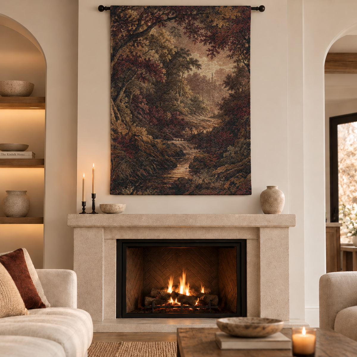 A large vertical wall tapestry featuring a forest landscape with a winding stream, hung above a fireplace in a cozy living room setting.