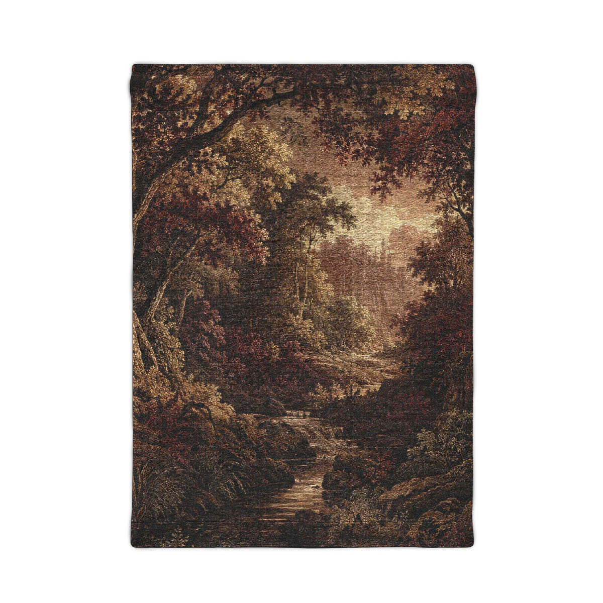 A rectangular tapestry featuring a classic landscape painting of a sunlit forest stream, shown flat against a solid white background.