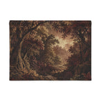 A rectangular woven rug featuring a detailed landscape print of a forest with trees, foliage, and a stream, shown against a plain white background.