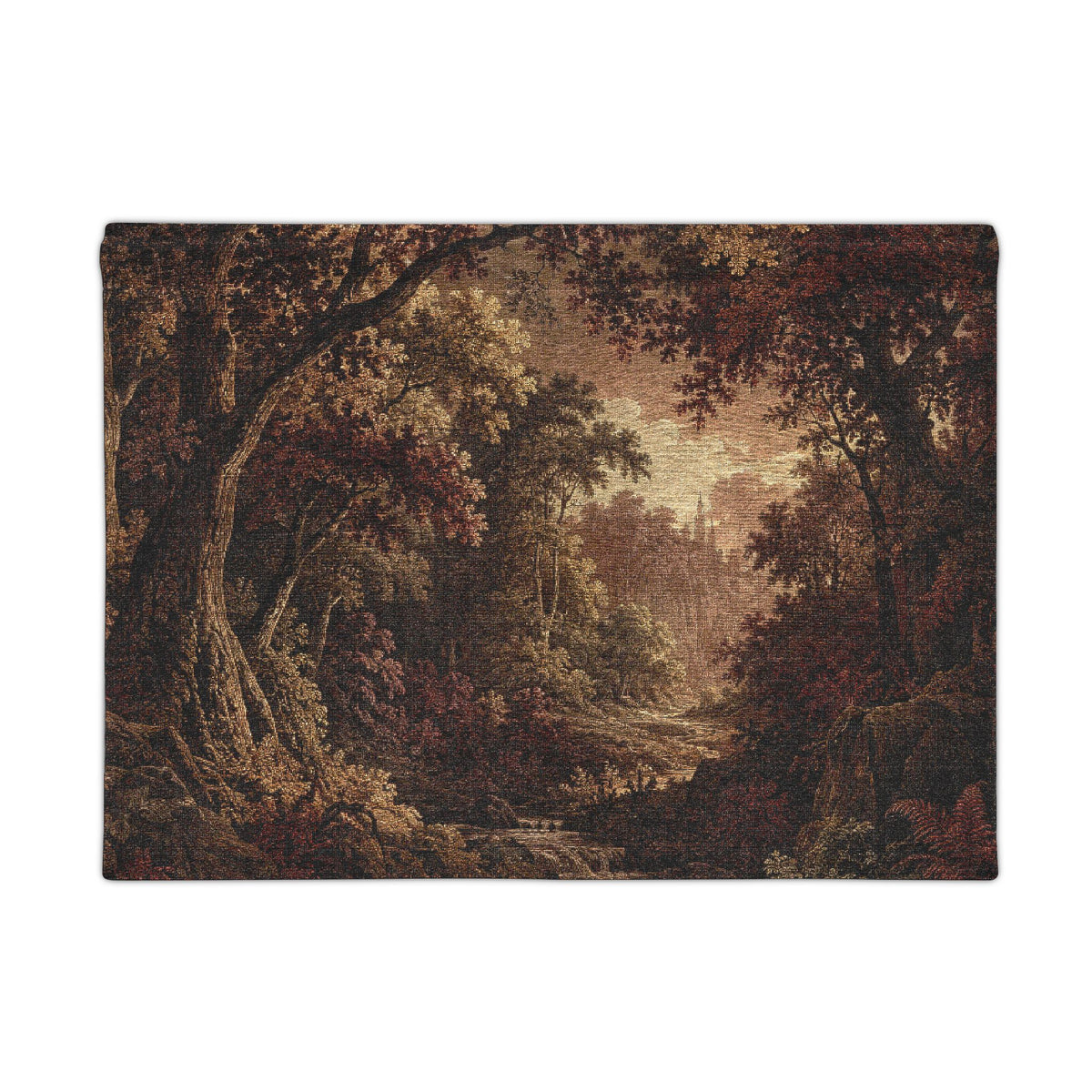 A rectangular woven rug featuring a detailed landscape print of a forest with trees, foliage, and a stream, shown against a plain white background.