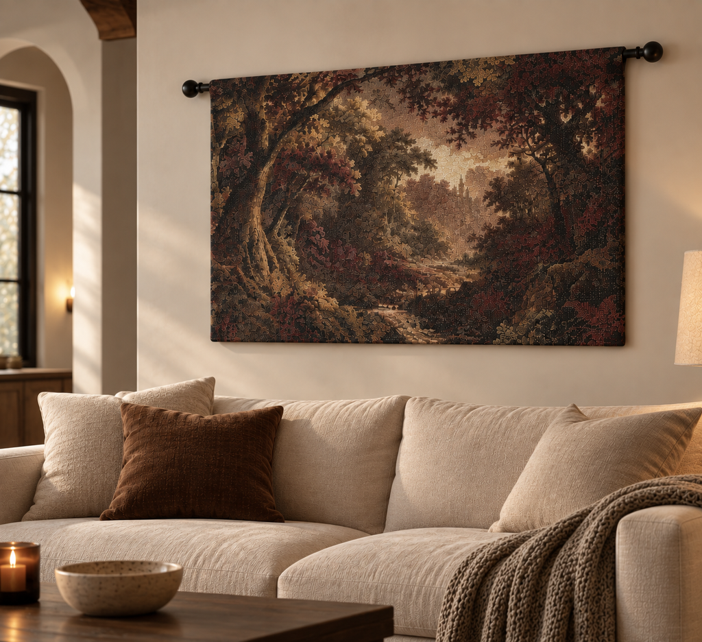A large wall tapestry featuring a detailed autumn forest landscape with red, brown, and golden trees, hung on a black rod above a beige sofa in a cozy living room setting.