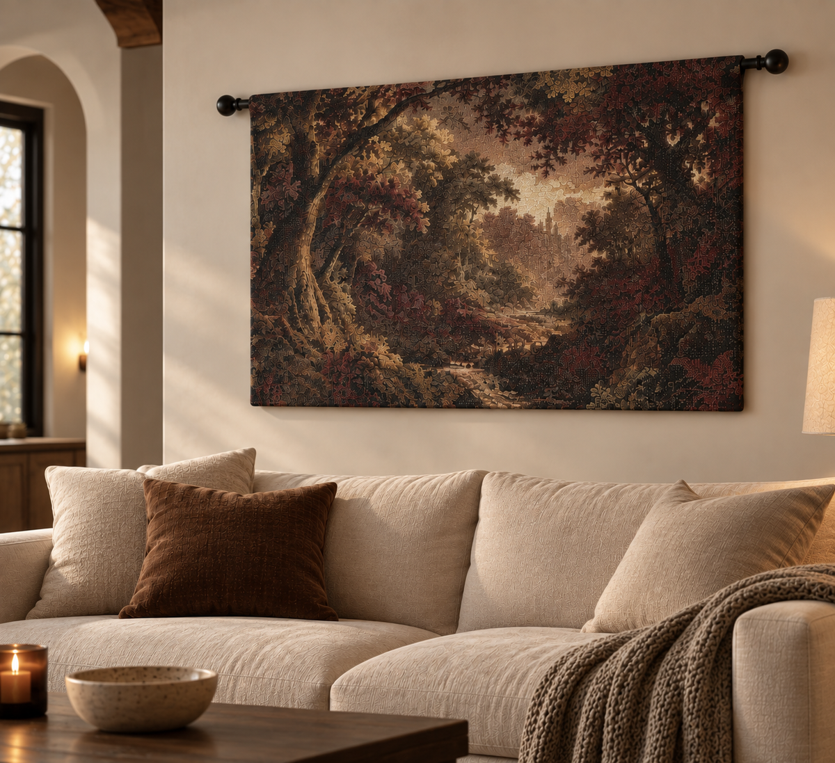 A large wall tapestry featuring a detailed autumn forest landscape with red, brown, and golden trees, hung on a black rod above a beige sofa in a cozy living room setting.
