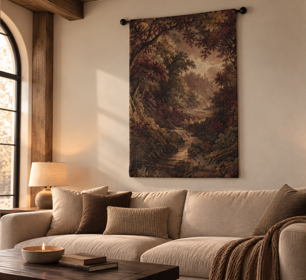A large vertical wall tapestry featuring a classical landscape painting of a forest path, styled in a cozy living room above a beige sofa.